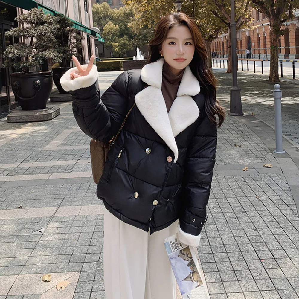 2024 Winter Lamb Wool Collar Parkas Women Thicken Cotton Jackets New Korean Short Bread Clothing Female Student Cotton Outerwear