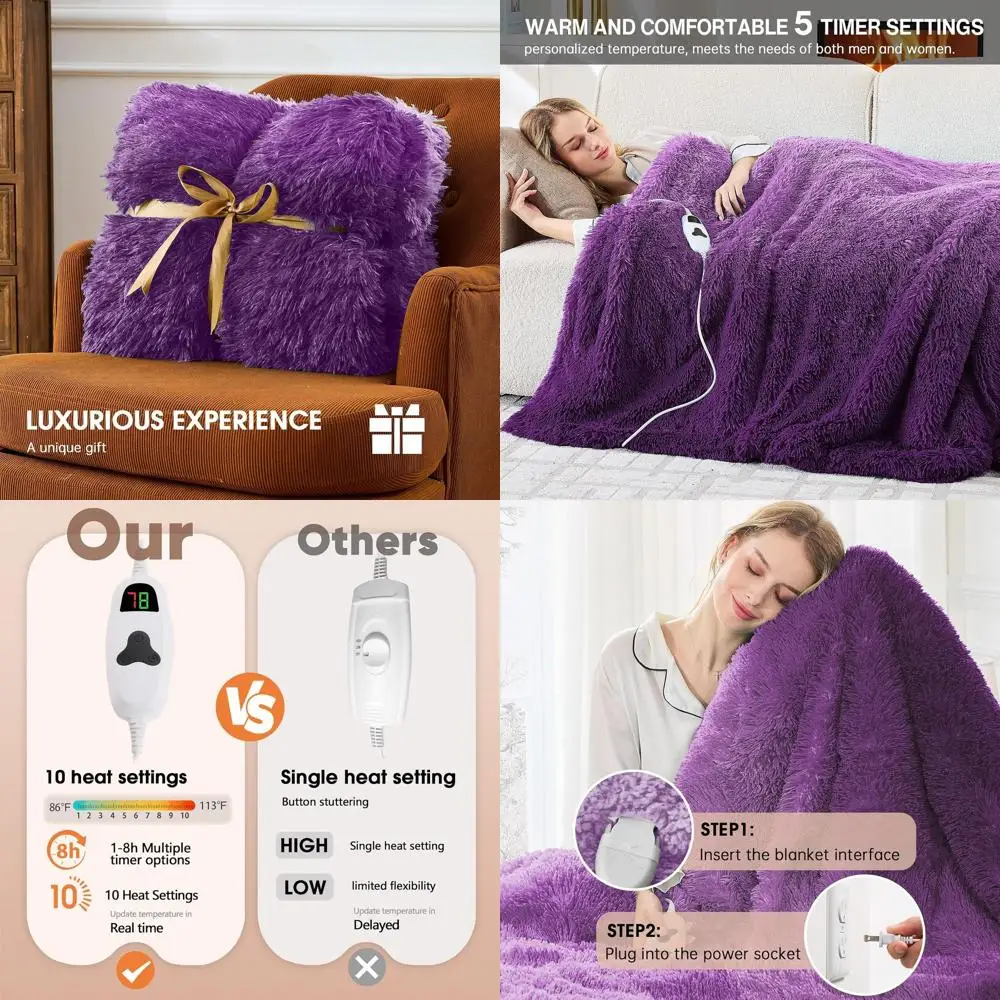 

Twin Size Electric Blanket with Faux Fur for Women & Grandmas - 10 Heat & 5 Timer Settings, 62x84, Mystic Purple