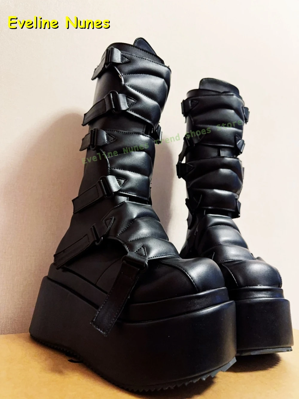 Black Buckle Cyberpunk Y2K Knee High Boots Big Round Toe Thick Sole Height Increase Subculture Style Couple Punk Shoes 2025 New view 6