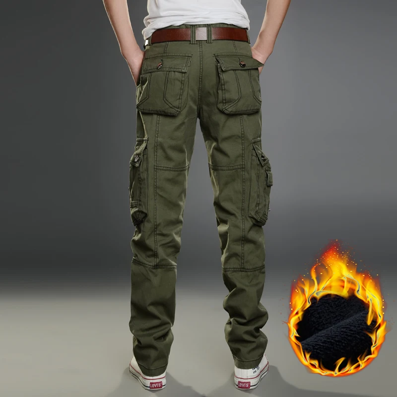 冬フリースサーマルコットンカーゴパンツ男性マルチポケット作業服ストレートアウトドア暖かいオーバーオールズボン男性プラスサイズ 40