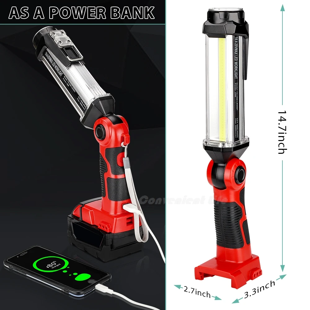 Cordless LED Work Light for Milwaukee 18v M&18 Li-ion Battery 35W 2000LM Outdoor Flashlight Portable Camping Lanterns with Hook
