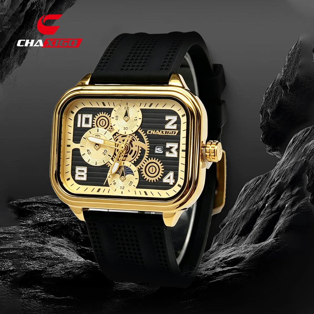 CHAXIGO 7188 New Casual Men Alloy Case Silicone Strap Three Eye Decorative Calendar Scale Fashion Watches for Man Reloj Hombre