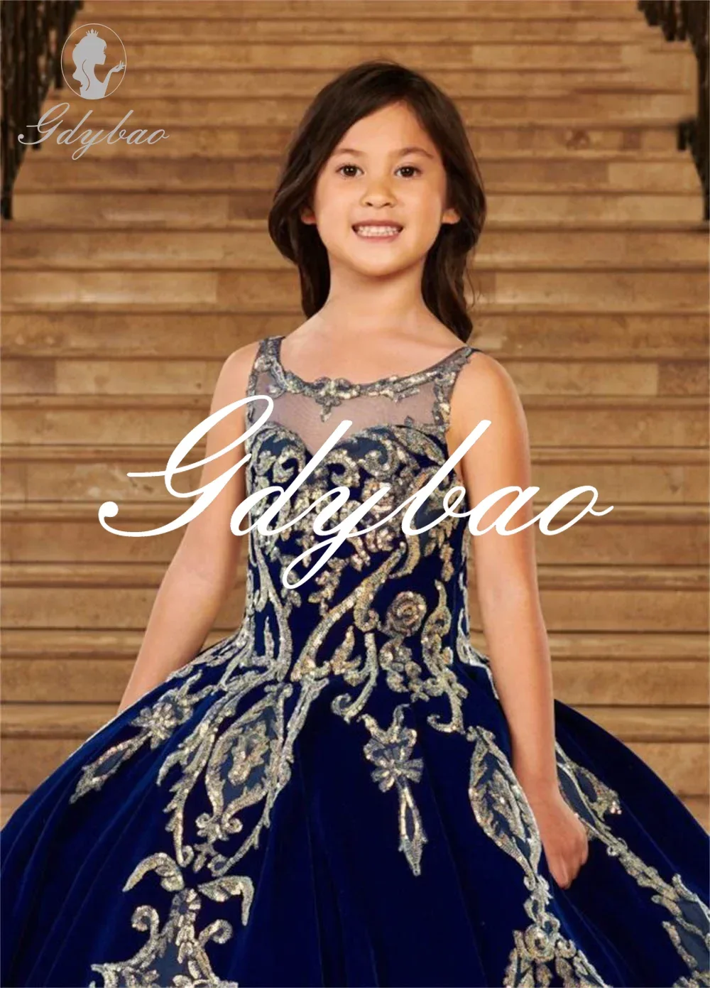 Vestido de lujo con diseño dorado para niña, vestido de fiesta de boda con bola completa, sin mangas, largo hasta el suelo, apliques sin espalda, vestido de comunión para niña 2024