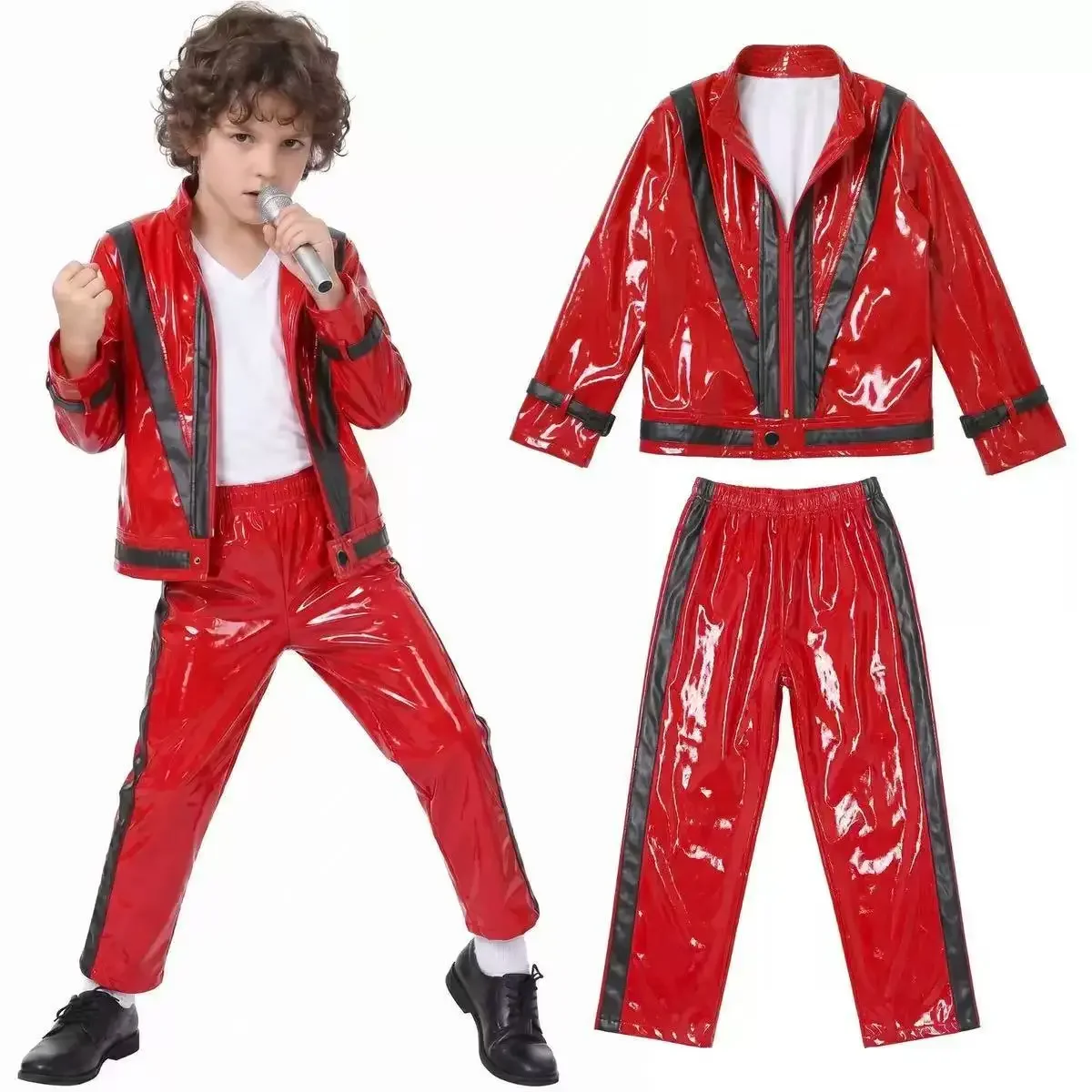 MJ Michael Jackson Thriller Kinderkostüm, rote und schwarze Lederjacke und -hose, Halloween-Bühnen-Cosplay-Outfit für Jungen – Detail 1
