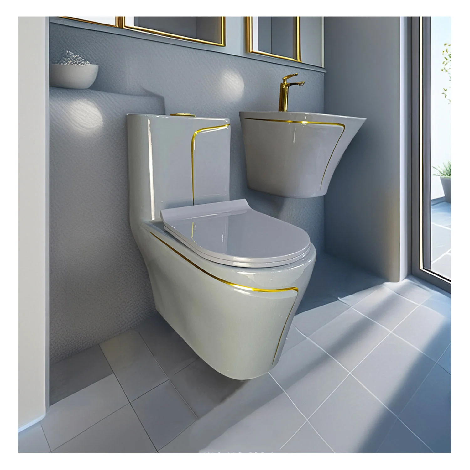 Modern Bathroom Sanitary Ware Square One Piece Toilet Bowl Floor Bathroom Sink And Ceramic Toilet Grey Gold Line Wc Toilet Set