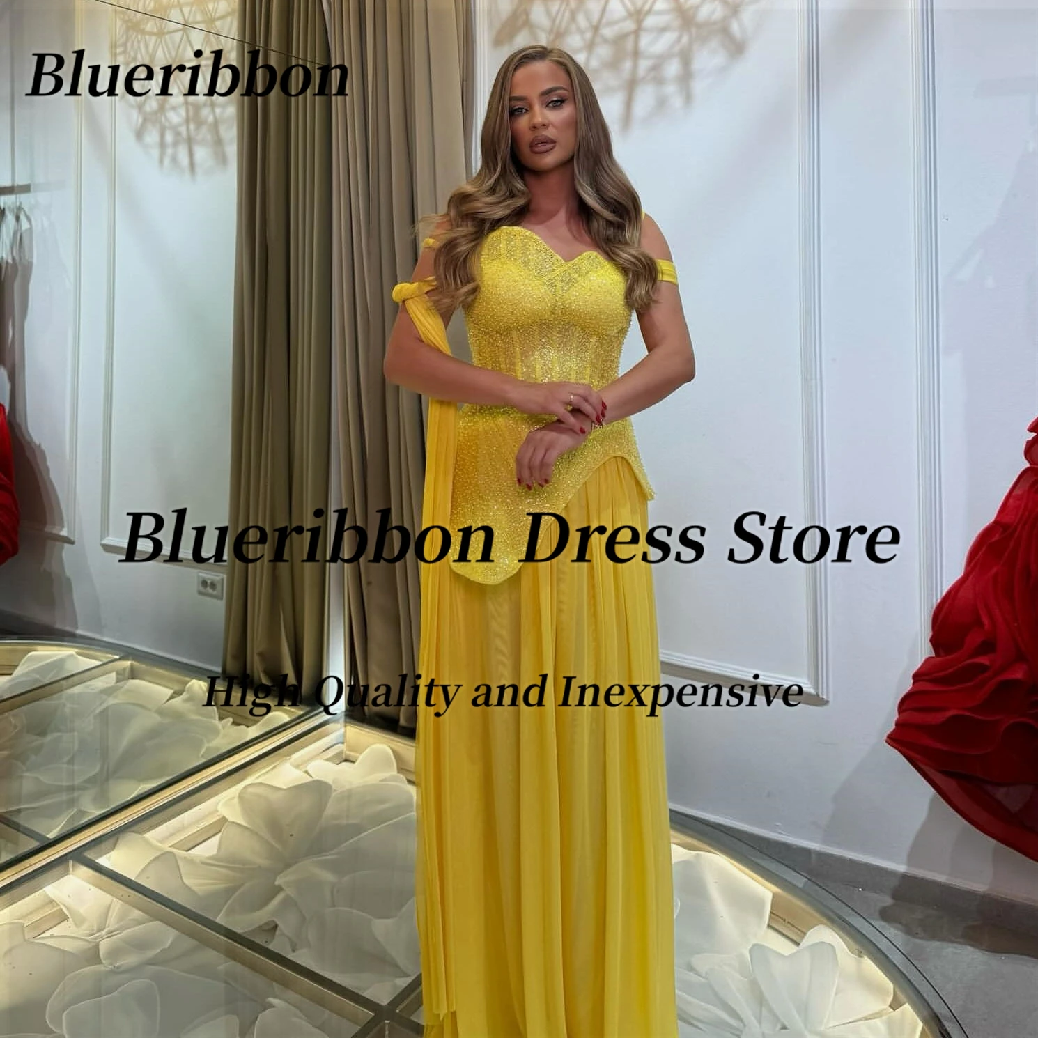 Blueribbon Galajurken 2025, gele chiffon, lange avondjurken met ruches, off-shoulder bruiloftsgastenjurk op maat