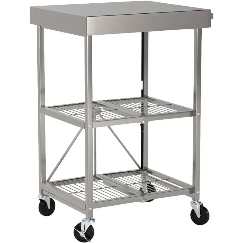 

Steel Table with Wheels, 3-Tier Foldable Rolling Cart Made of Commercial-Grade Metal - Stainless Steel Kitchen Island Design