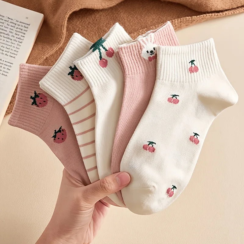 Women Socks Cute Pink Cherry Strawberry Rabbit Pattern, Comfortable Breathable Casual Design Suitable for All Seasons 5 Pairs