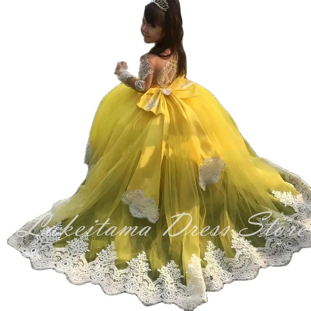 Wish Elegant Dubai Girl Dress Long Sleeve Puffy Bow Arabic Princess Kids Wedding Birthday Party Long Ball Gown