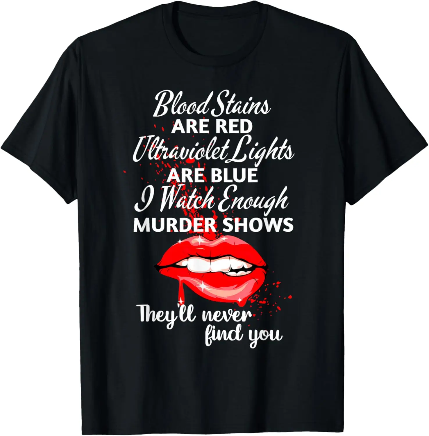 Blood stains are red ultraviolet lights are blue T-Shirt