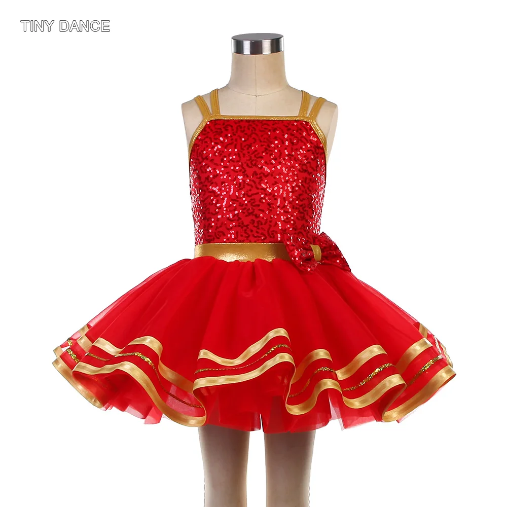

Балетные танцевальные пачки с двойными бретелями для девочек, красный лиф из спандекса с блестками и слоями пышного платья-пачки из мягкого тюля C26110