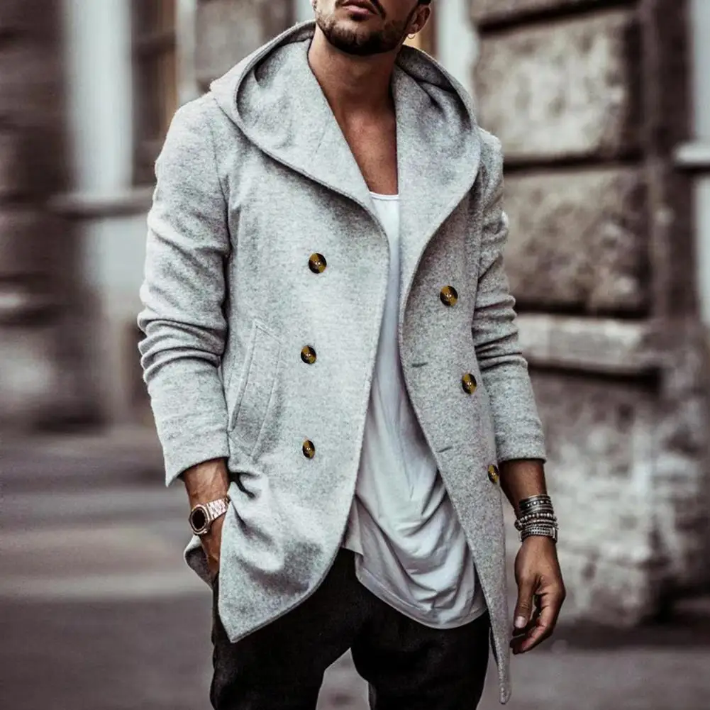 

Long-sleeved Hooded Coat Stylish Men's Double-breasted Hooded Coat Mid Length Solid Color Soft Warm Cardigan for Fall/winter