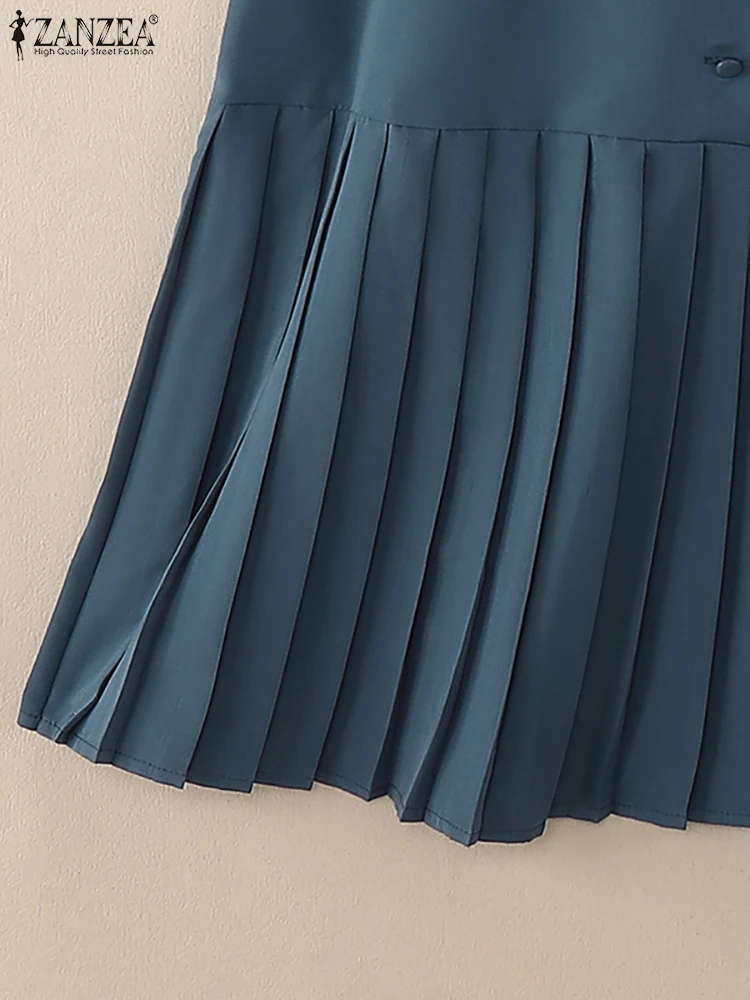 ZANZEA Women's Casual Pleated Midi Dress V-Neck 3/4 Sleeve Button Up A-Line Dresses Elegant Office Commuting Wear Woman Clothing