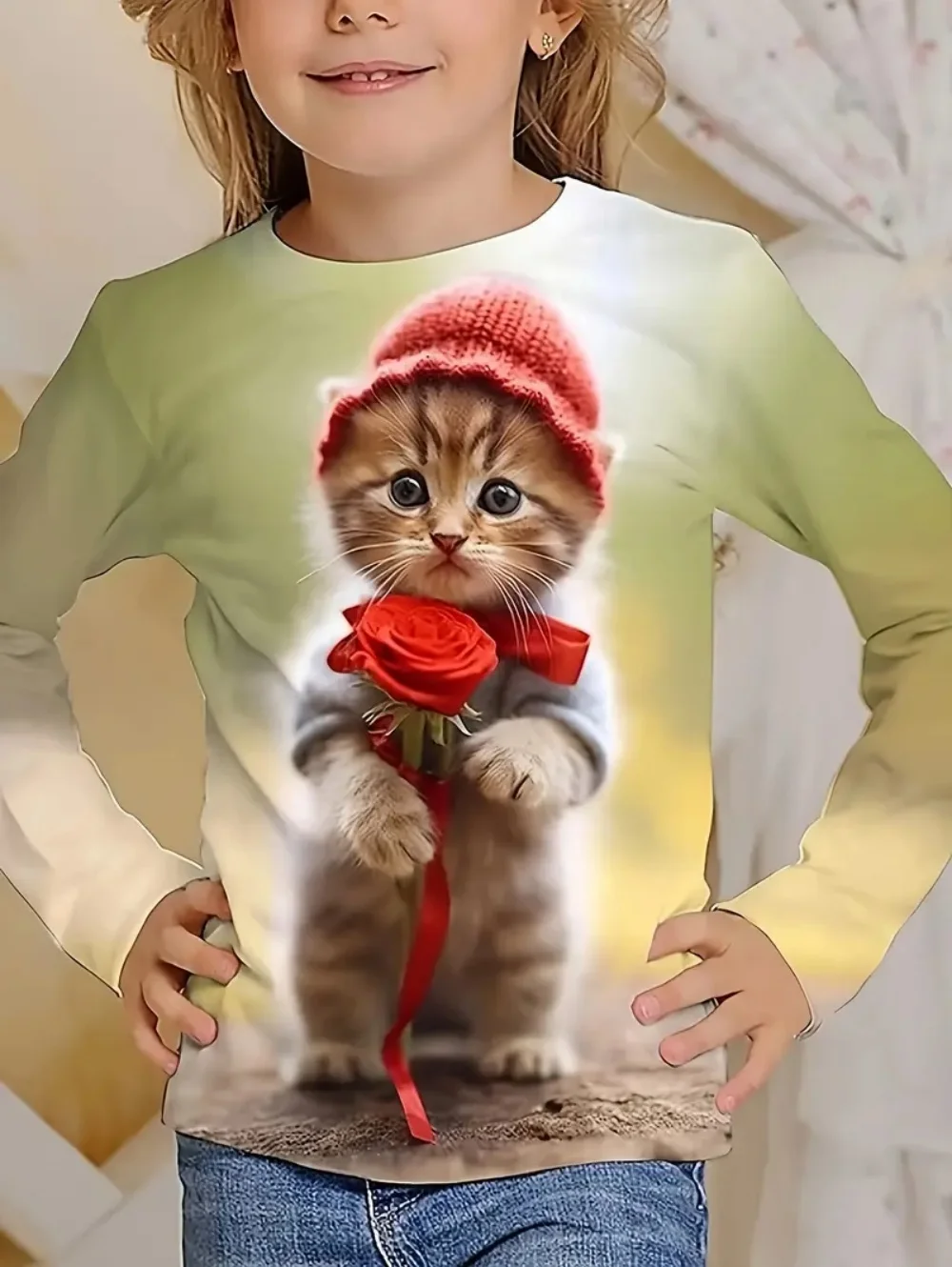 

Одежда с милым котом для девочек, топ унисекс с 3D принтом животных, топ с длинными рукавами, повседневная модная детская футболка, уличная удобная детская одежда