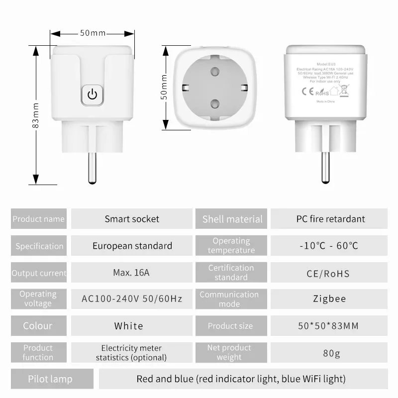 Smart Socket EU 16A/20A AC100-240V Zigbee Smart Plug Power Outlet Alexa Google Home Voice Control  Tuya Smart Life APP