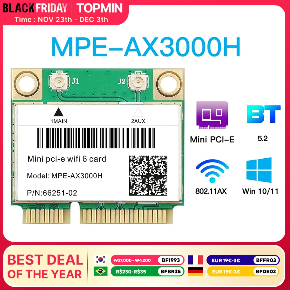 2974Mbps Wifi 6 AX200 Dual Band Wireless Half Mini PCI-E Network Wifi Card Bluetooth 5.2 802.11ax/ac 2.4Ghz/5Ghz Adapter MU-MIMO