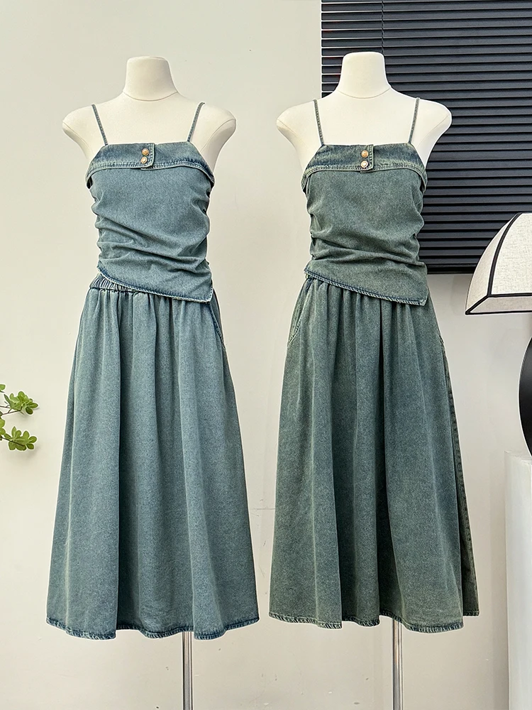 Women Retro Denim 2pcs Suit Strapless Crop Vest Tops + High-waisted Jeans Skirt Clothing Sets 2024 Summer