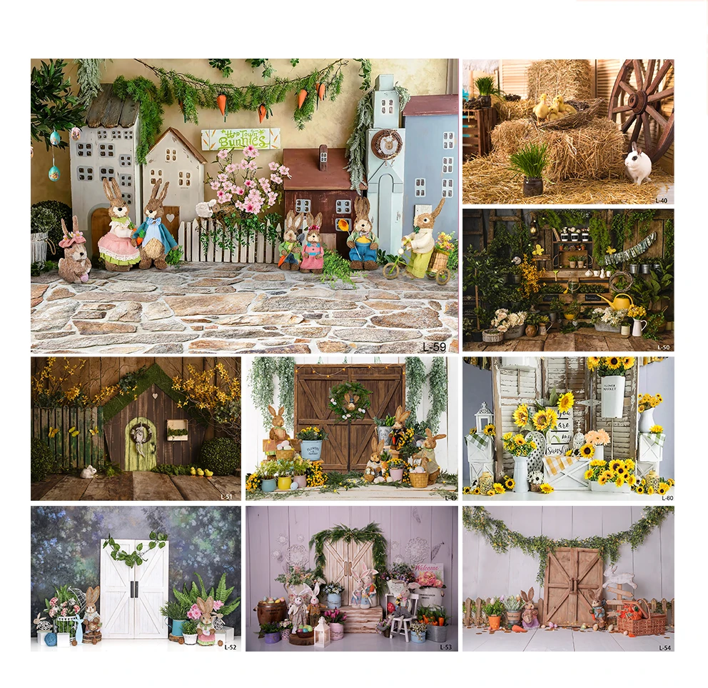 خلفية عيد الفصح، كارتون خشبي كوخ الطوب الملمس الطابق التصوير خلفية بيض زهر الكرز خلفية الأرانب لطيف