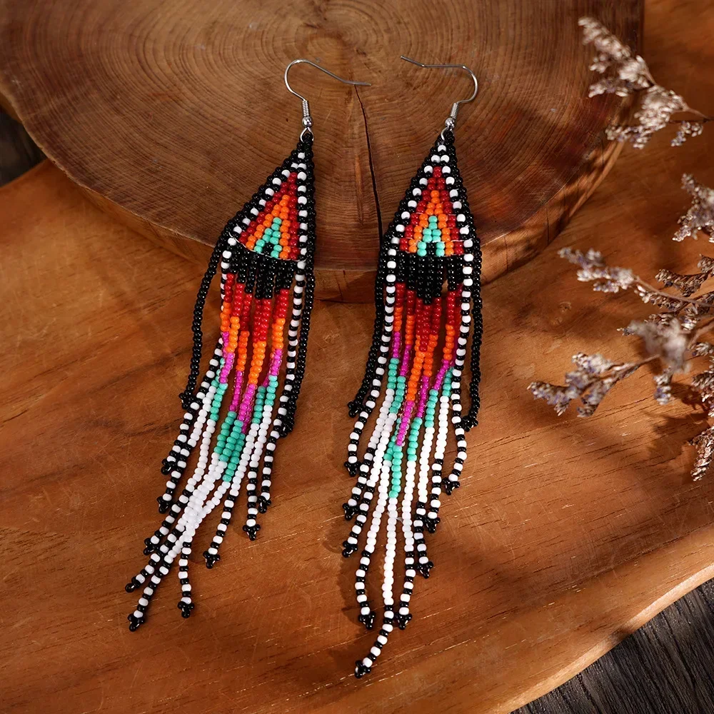 

Женские серьги из бисера с кисточками и геометрией, градиент, богемное ручное вязание, модные украшения из бисера для женщин