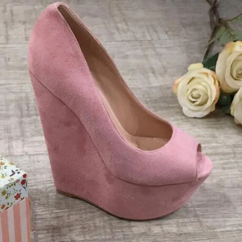 Black Pink Suede Platform Wedge Pumps Woman Shoes Peep Toe Ladies Super Wedged Heels Slip On Dress Heels Club Wearing Shoes