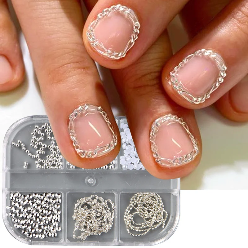 6 Grid Metal Caviar Beads Pearl 3D Nail Chains   Decorations Elegant Gold Silver Chain Design Y2K Punk Alloy Nail Charm Jewelry