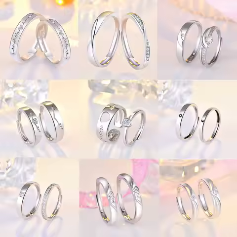 2PCS 925 Sterling Silver Ring Adjustable Open Couple Engagement Rings For Women Men Wedding Ring Party Fashion Jewelry Gift