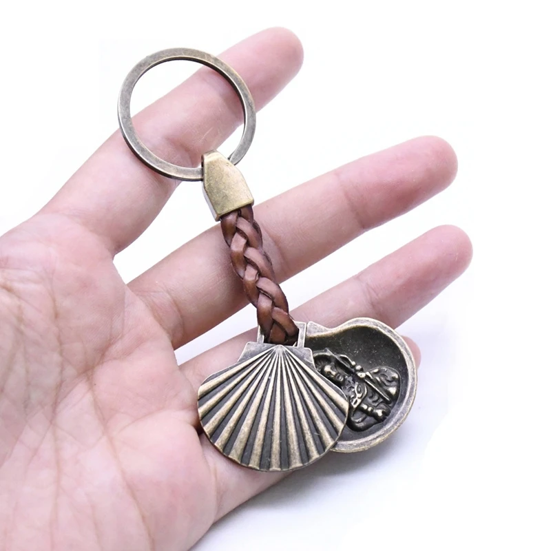 Double-sided Shell Cross Keychains Vintage Metal Leather Keyring Religious Jewelry Gifts