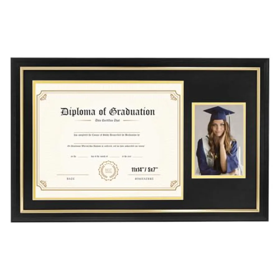 

Solid Wood Certificate Frame with Photo Holds 11x14 Document and 5x7 Picture, Real Wood with Black and Gold Double Mats, Temper