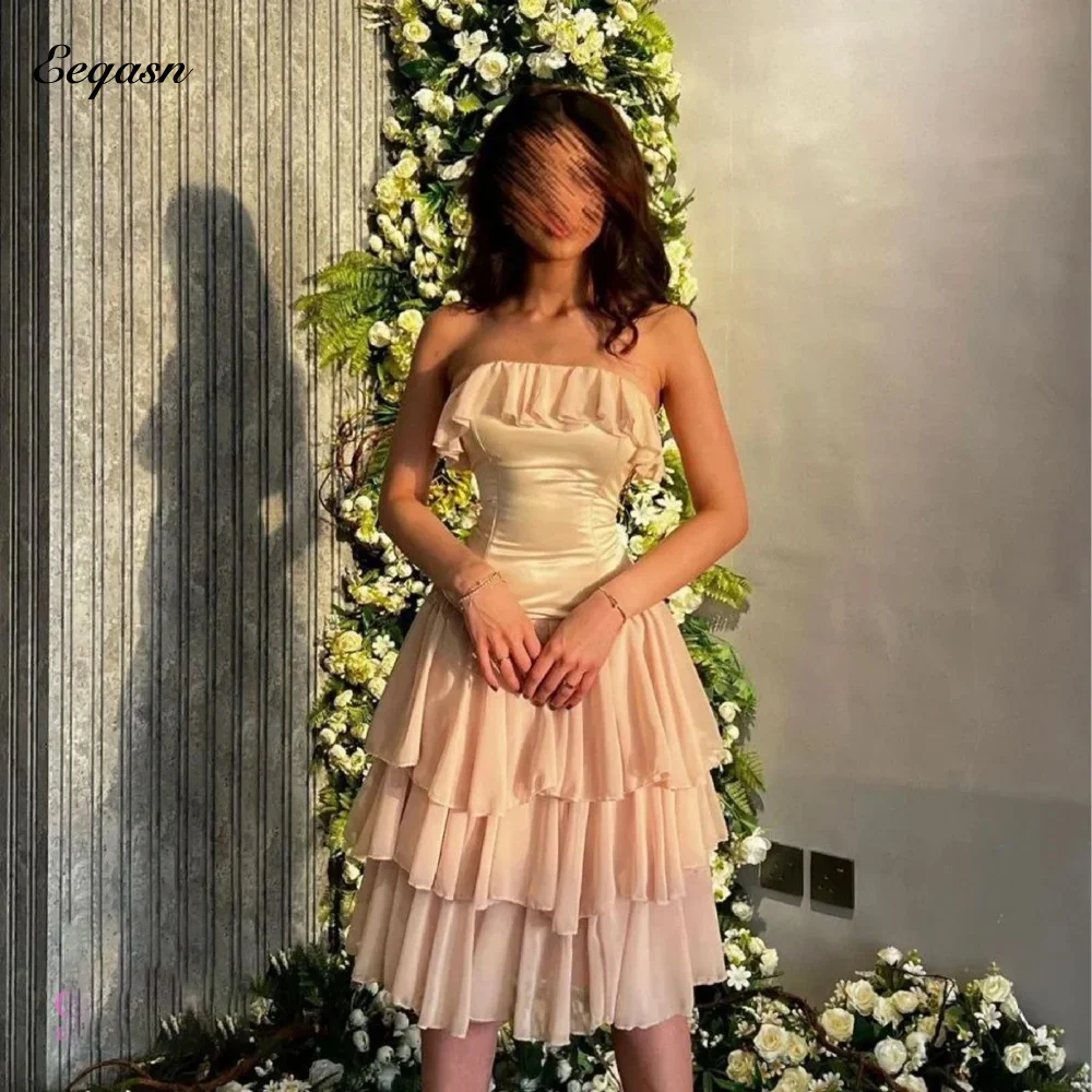 

Mini Dress Party Night Club Strapless Tiered Chiffon A-line Prom Dresses Lace Up Back Bespoke Occasion Dresses Customized