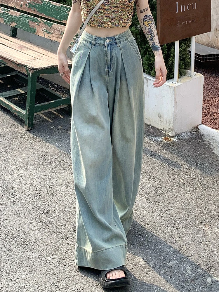 High Street Girl Toweling Oversized Jeans High Waist Loose Casual Vintage Denim Pants Streetwear Fashion Pocket Trousers Female