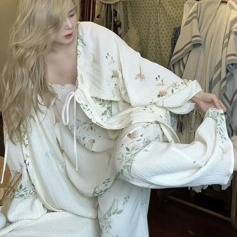 Pajama Pants Set Three-piece set Women's Clothing Homewear Summer Thin Simple Comfortable Casual Fashion Breathable Loose Large