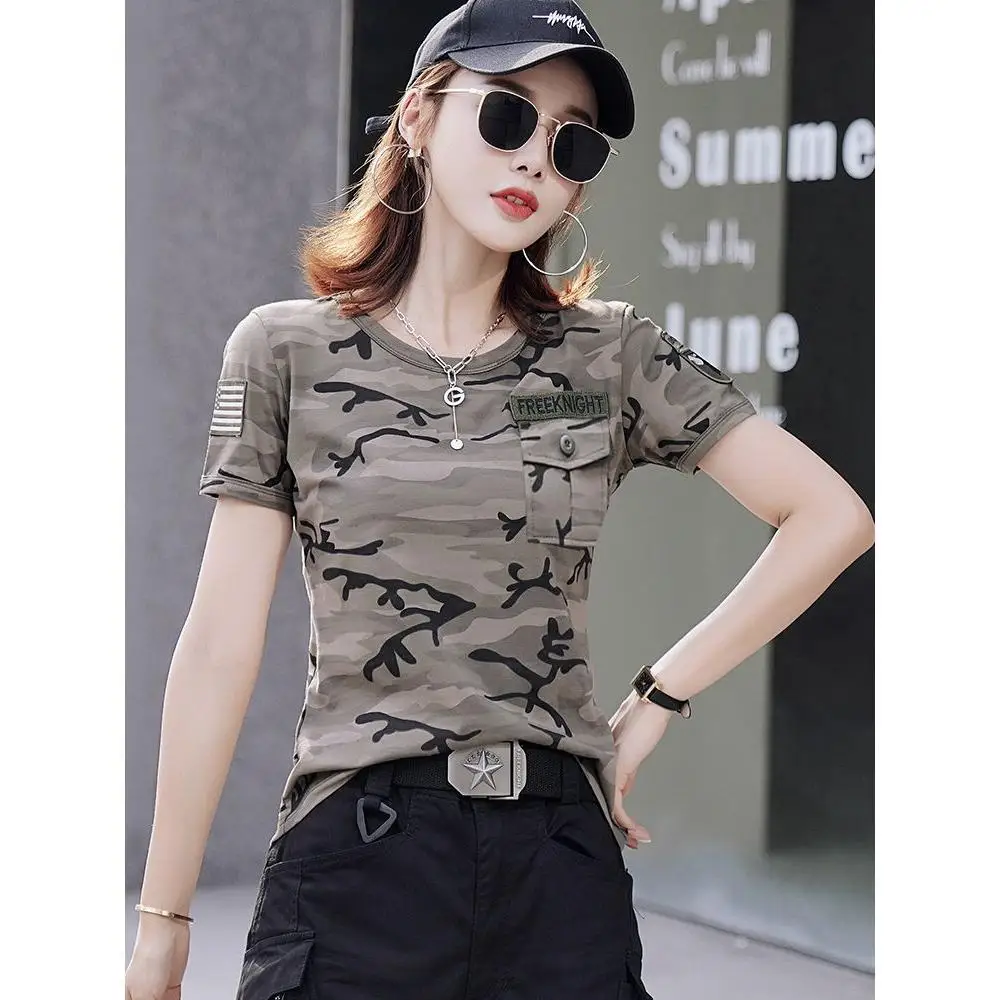 女性用迷彩柄Tシャツ半袖ルーズフィット伸縮性グリーンカジュアルトップファッショナブルなサマースタイルスタンダードエディションポリエステル… 1