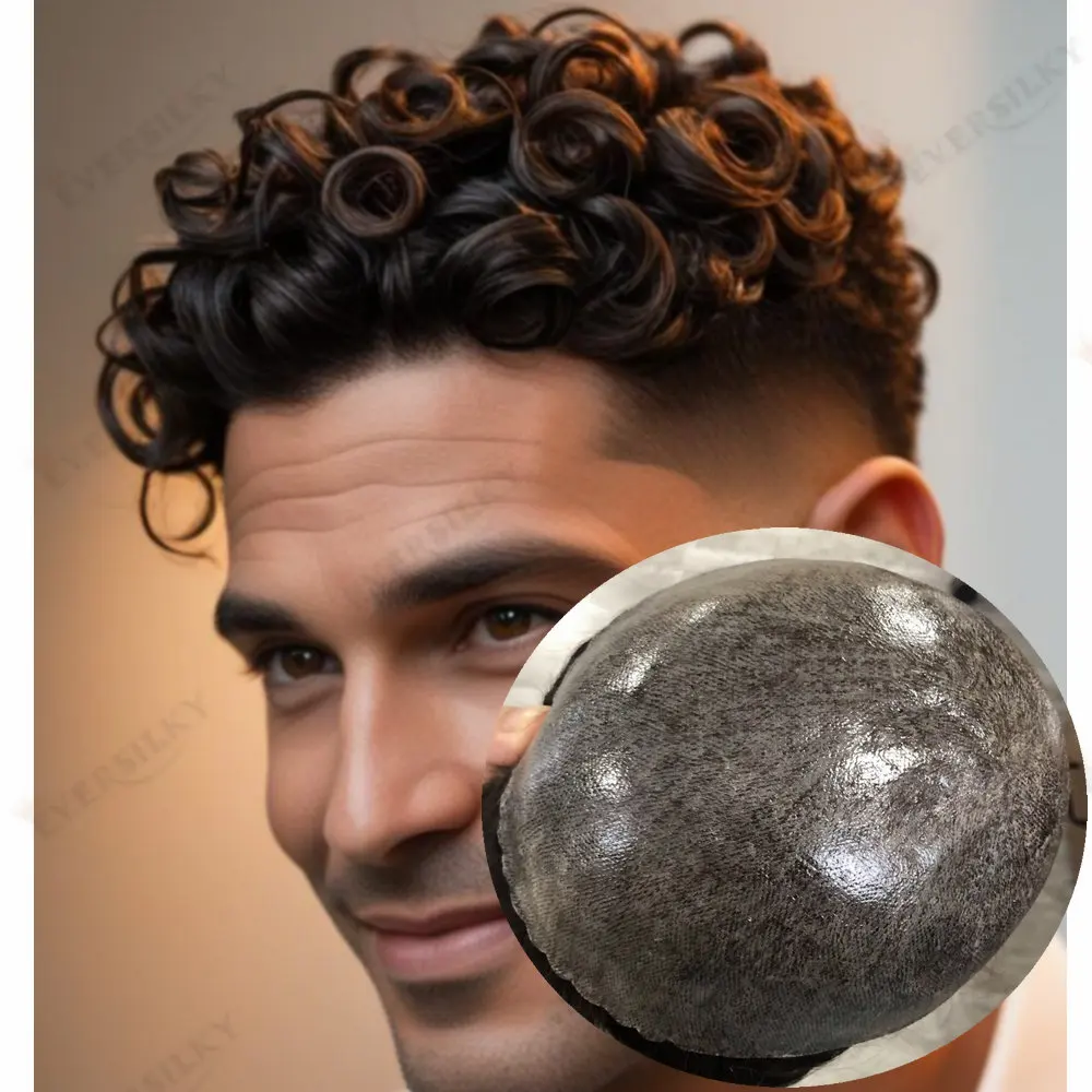 

Мужской протез для волос, натуральная линия волос, супер прочный, 20 мм, вьющиеся человеческие волосы, мужской парик, серый, черный, коричневый, система протезов, капиллярная система