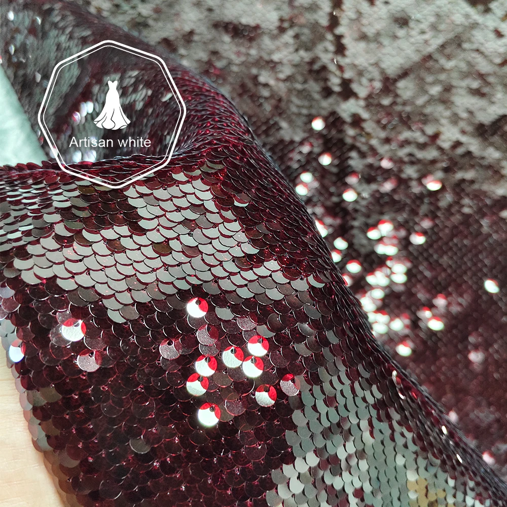 Tessuto con paillettes bordeaux lucido Panno a rete con glitter scintillanti per abito da sera Abito da ballo Costume di scena fai da te