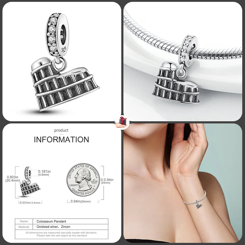 925 Sterling Silver Fashionable Tower Architectural Silver Collection Charm Beads for Brand Original Bracelet DIY Jewelry Gift