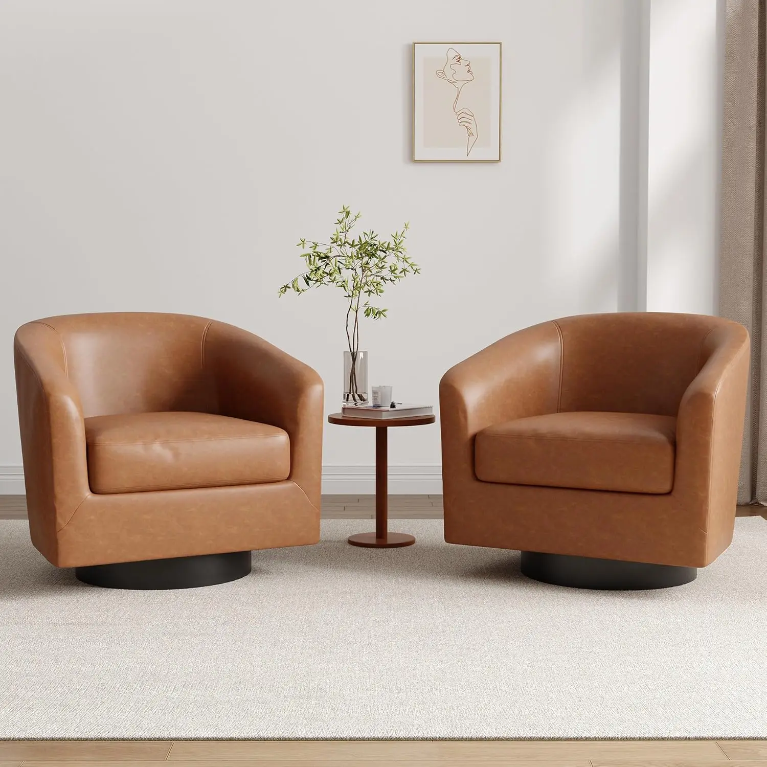 Set of 2 Faux Leather Swivel Barrel Chairs Upholstered Comfy 360 Degree Rotation Round Accent Chairs Single Sofa for Living Room