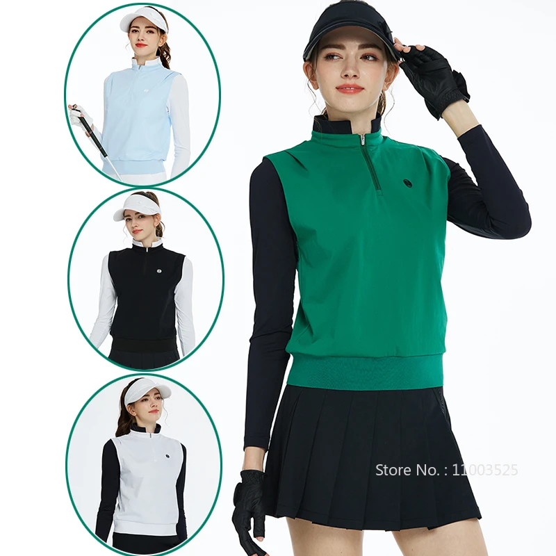 

BG Golf Women Zipper Stand Collar Tops Warm Long-sleeved Slim T-shirt Fake Two-piece Polo Shirt Windproof Patchwork Pullover
