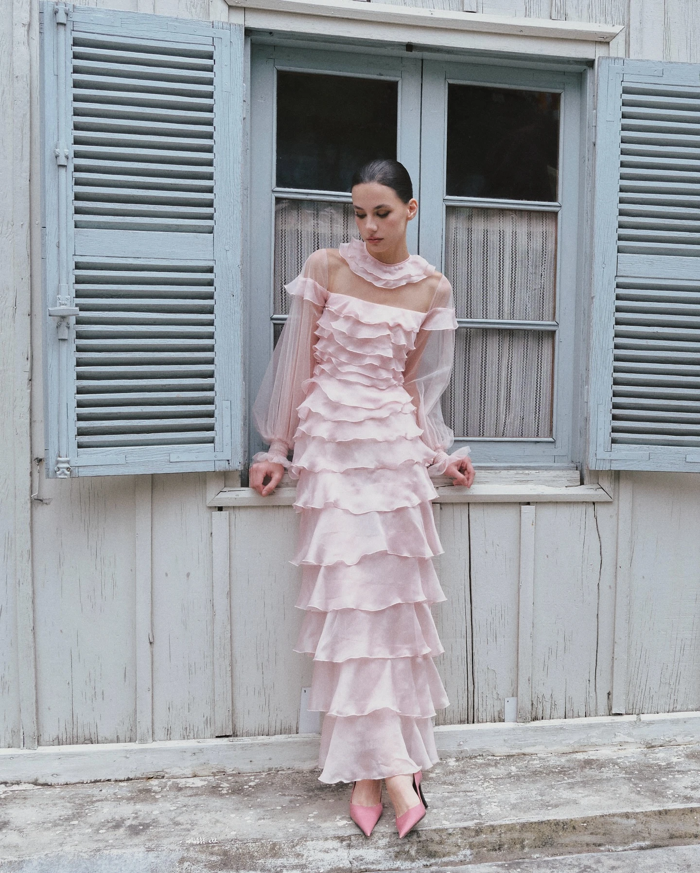 Pink Layered Ruffle Maxi Dress – High Neck, Sheer Chiffon Lace & Lantern Sleeve Flattering, Casual Lazy Style, Retro Versatile