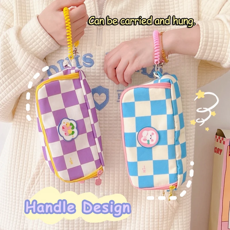 Sac à Crayons à Carreaux de Grande Capacité, Noir et Blanc, Étui à Crayons Kawaii, Poudres Mignonnes, Fournitures Scolaires de Papeterie Coréenne