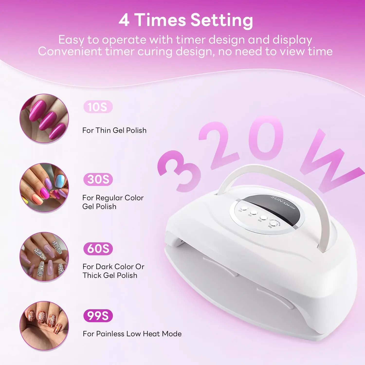 320W UV LED Nail Lamp, 84Pcs LED Beads, Fast Gel Curing, 4 Timer Settings, Auto Sensor, Portable Handle