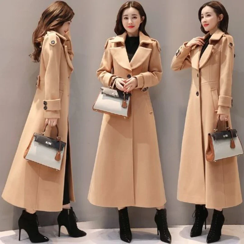 Women's Long Woolen Coat 2024 Spring Autumn New Korean Waist Slimming Over-Knee Thick Keep Warm Woolen Coat Lady Overcoat