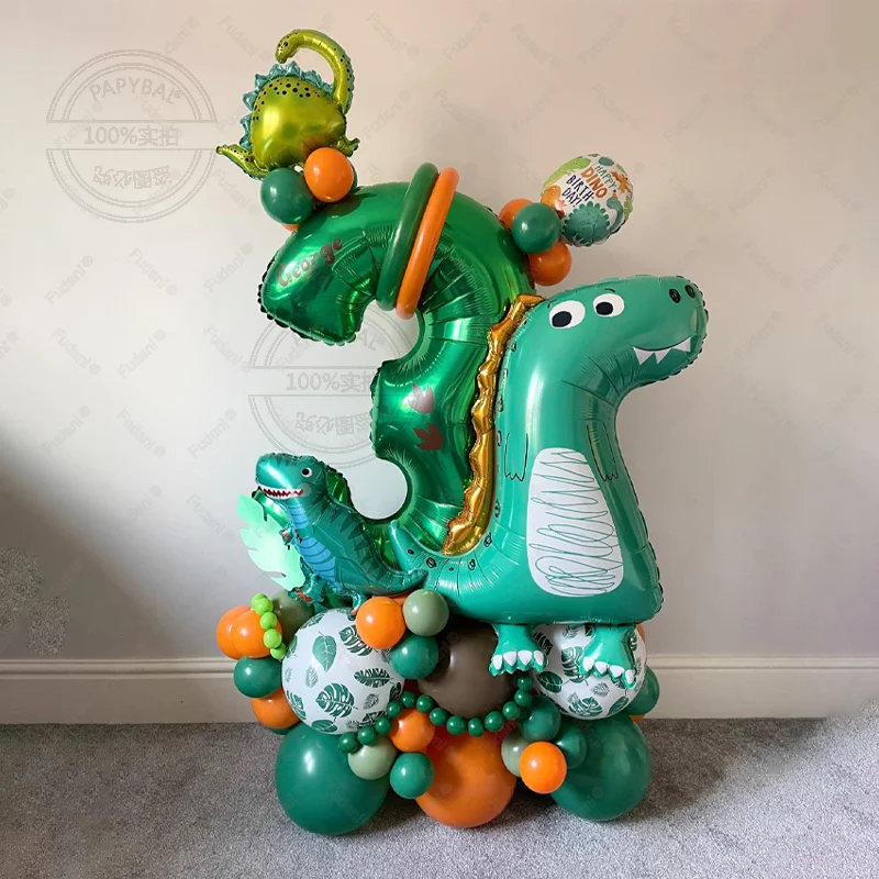 58 قطعة برج بالون الديناصور الأخضر الكرتوني مع 1-9 بالون أرقام خضراء لصبي ديناصور تحت عنوان حفلة عيد ميلاد لتقوم بها بنفسك زينة #1