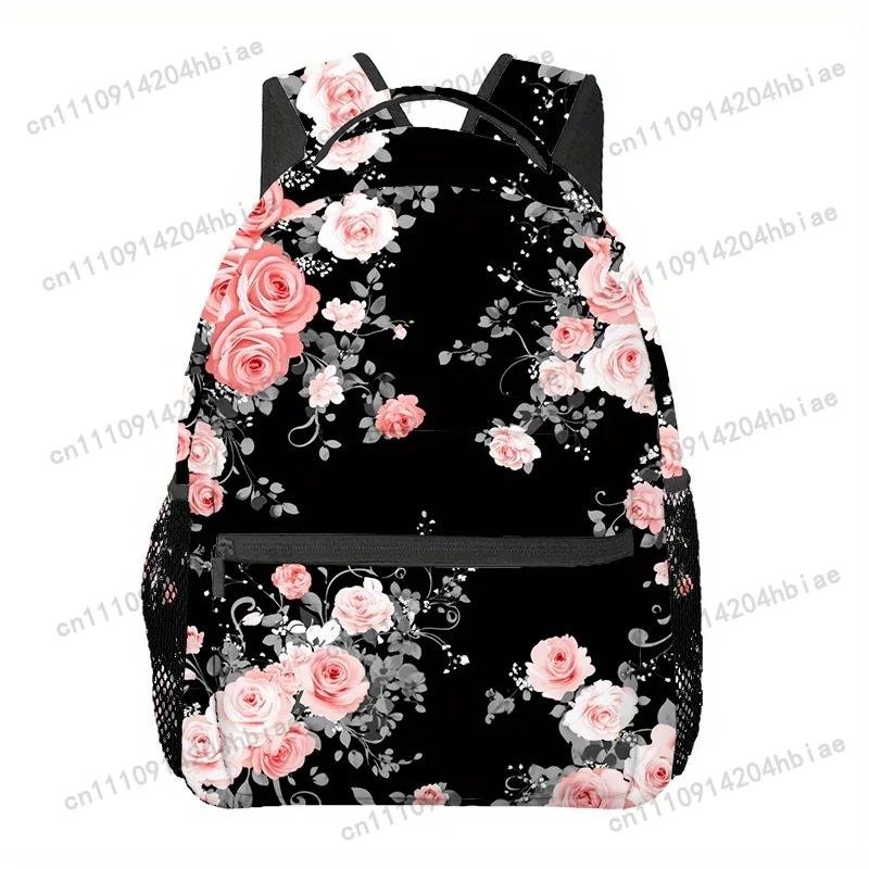 Elegant Black Floral Backpack with Pink Roses - Lightweight, Adjustable Strap, Zipper Closure, Durable Polyester Material - Idea view 6