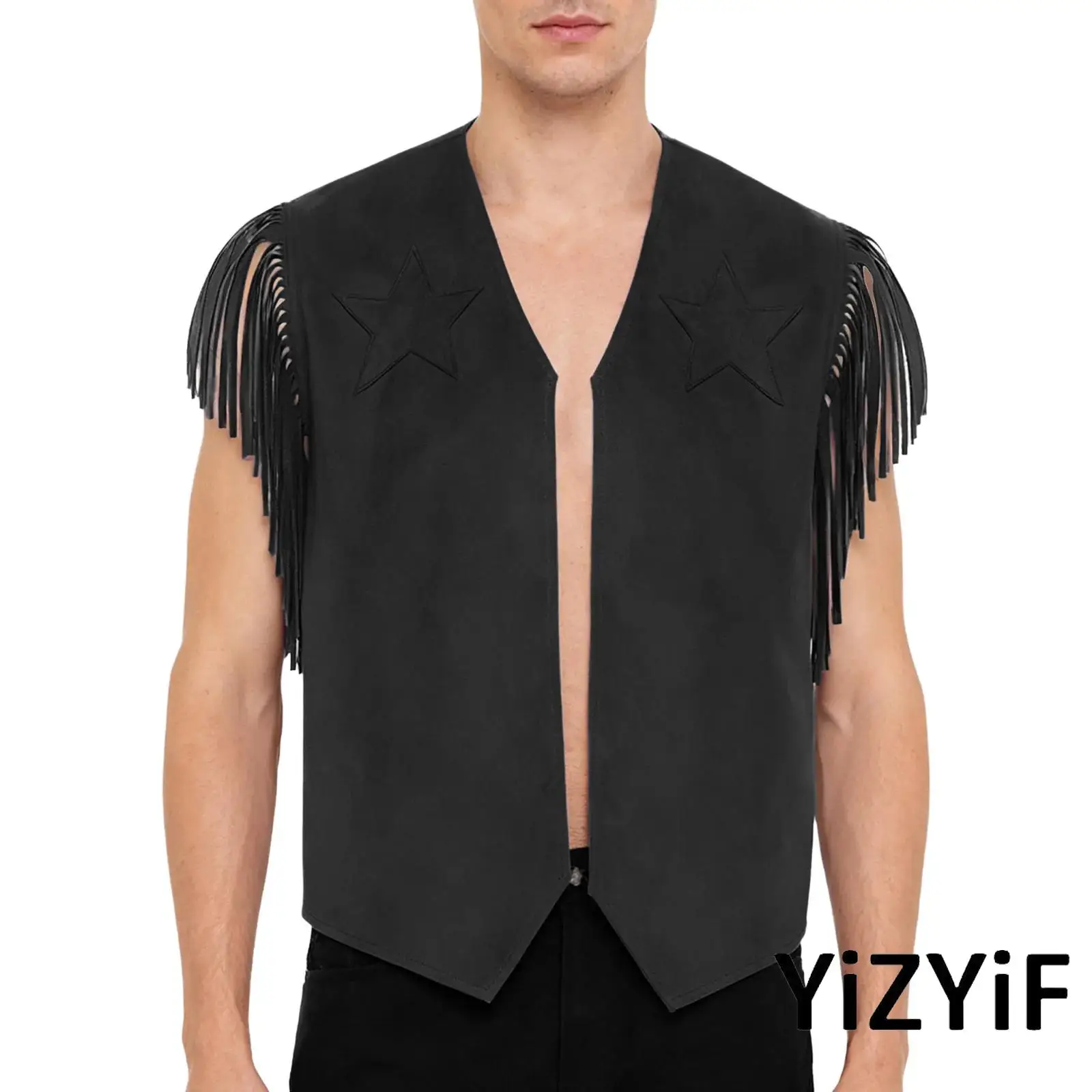 

Mens Western Cowboy Cosplay Costume Sleeveless Open Front Asymmetrical Hem Tank Top Tassel Faux Suede Vest for Daily Casual Wear