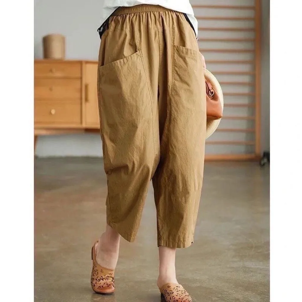 Women's Casual Cotton Elastic Waist Nine-Piece Cabbage Pants 2024 Autumn plus Size  Color Harlan Pants Korean Style