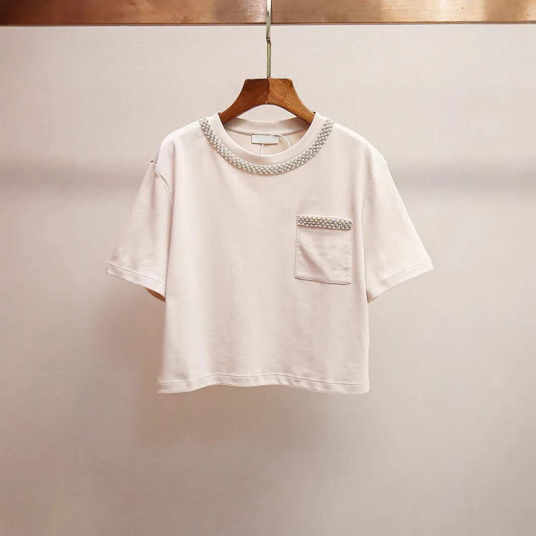 

Модная корейская футболка MaSandeS лето 2025 с жемчужной отделкой, повседневная, свободная, универсальная, с круглым вырезом, свитер