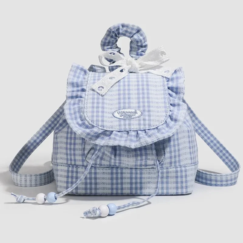 

Women's Handbags Blue Lace Checkered Backpacks Back To School Y2K Korea Sweet Ruffle Edge Commute High Capacity Backpacks New