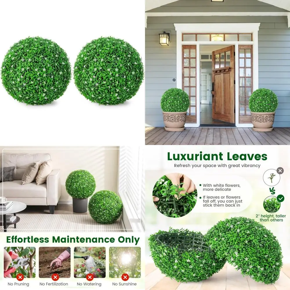 Artificial Outdoor Topiary Ball 19.5 Inch, Faux Boxwood with White Flowers, Garden Spheres for Landscaping