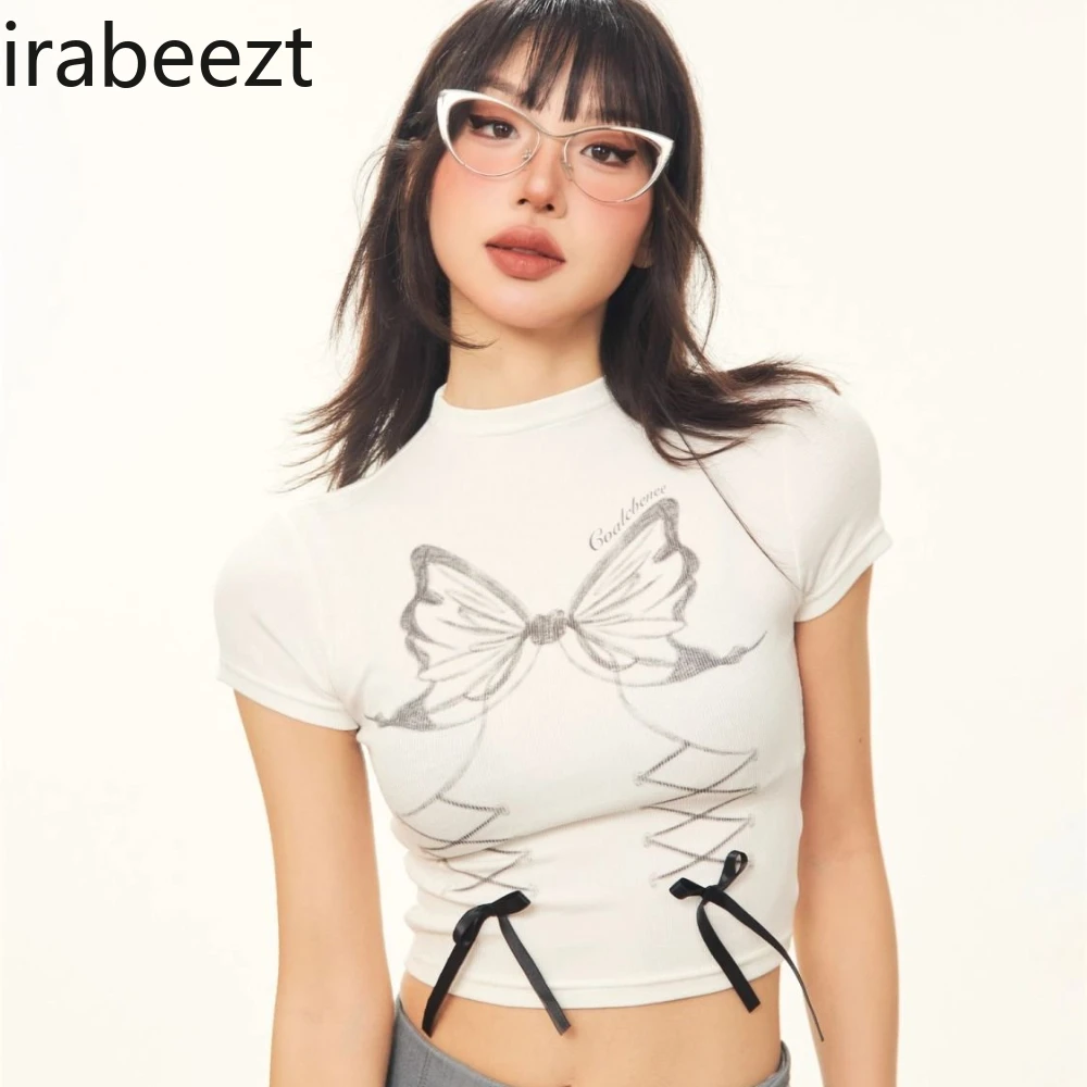 Sweet Cool Spice Girl Bow Print Short Sleeve T-shirt Women Summer Slim Fit Sexy Short Aesthetic Women Clothes Feminist Shirt