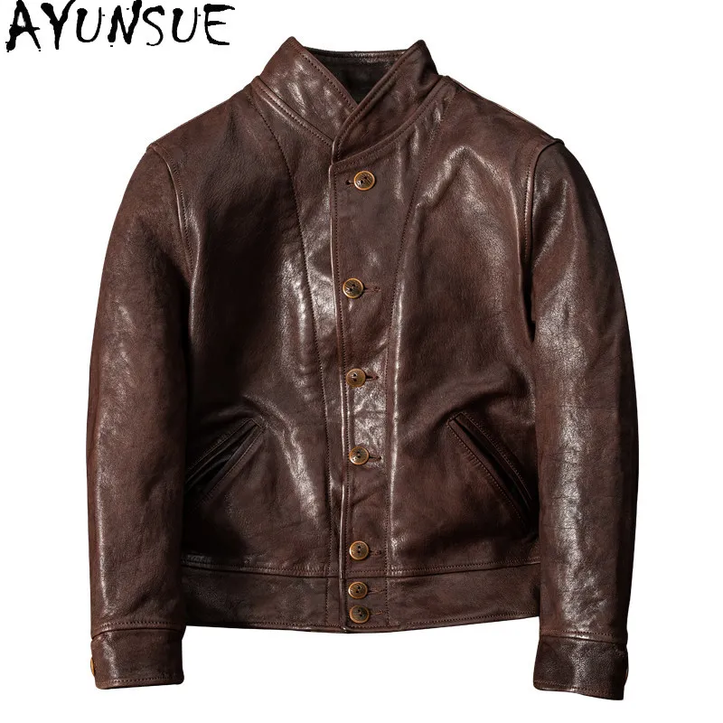 

AYUNSUE Top Layer Goatskin Genuine Leather Jacket Men Retro Uncoated Real Leather Coat Shawl Collar Slim Fit Fashion Outerwear